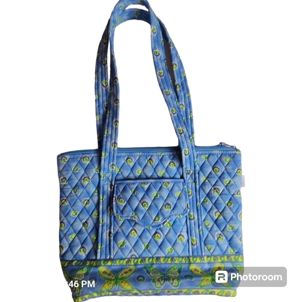 MAGGI B,Blue, Green, & Yellow quilted tote w/ butterfly print. OS.